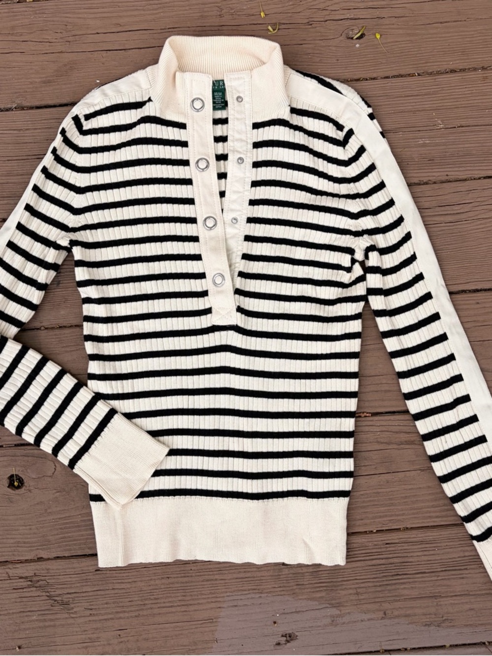 Lauren Ralph Lauren Black and Cream Striped Ribbed V-Neck Snap-Placket Sweater